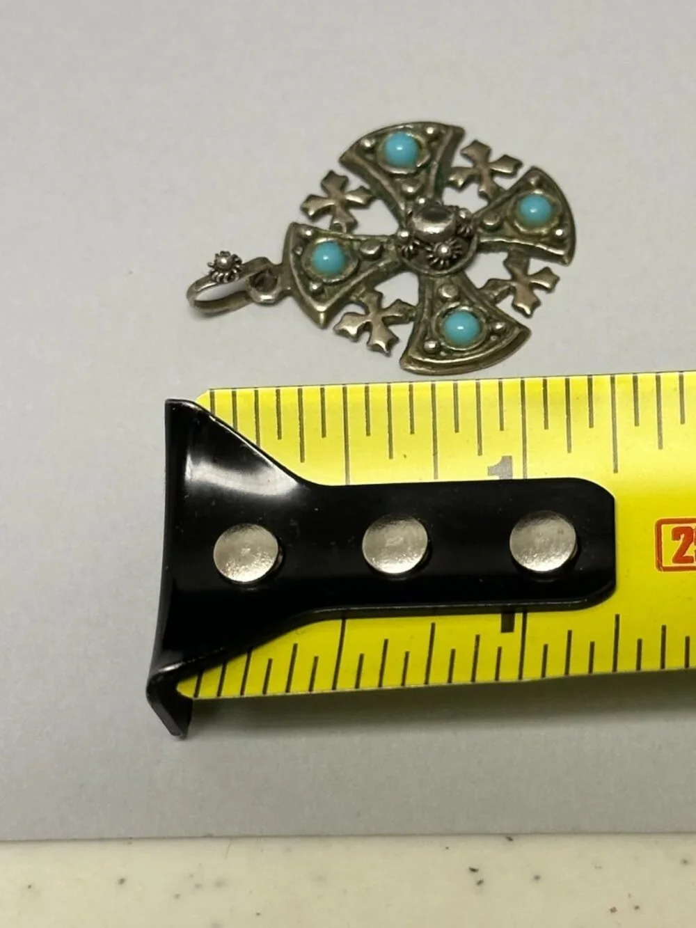 Vintage Jerusalem Cross Pendant Silver Tone Turquoise Stones 1 Inch